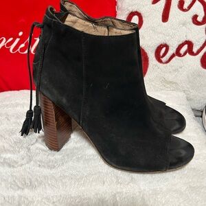 Halogen Warin peep-toe booties in black suede with a decorative bow back.
